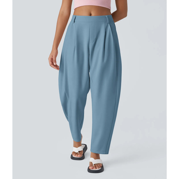 Halara Mid Rise Pocket Barrel Leg Work Pants Casual Pleated Pull On Light Blue S - Picture 3 of 7